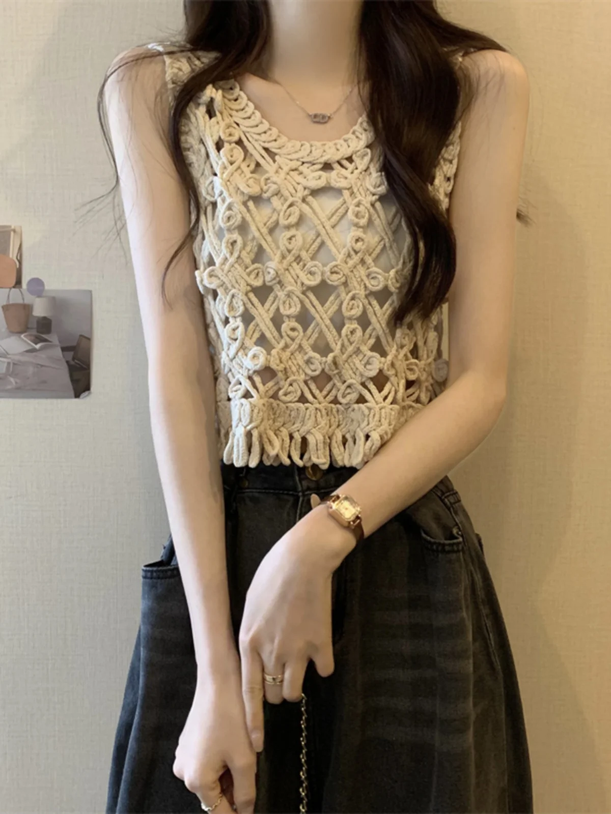 

Women's Knitted Hollow out Flower Vest Top Summer Outdoor Vintage Loose Sleeveless Strap Bohemian Cover up Short Style
