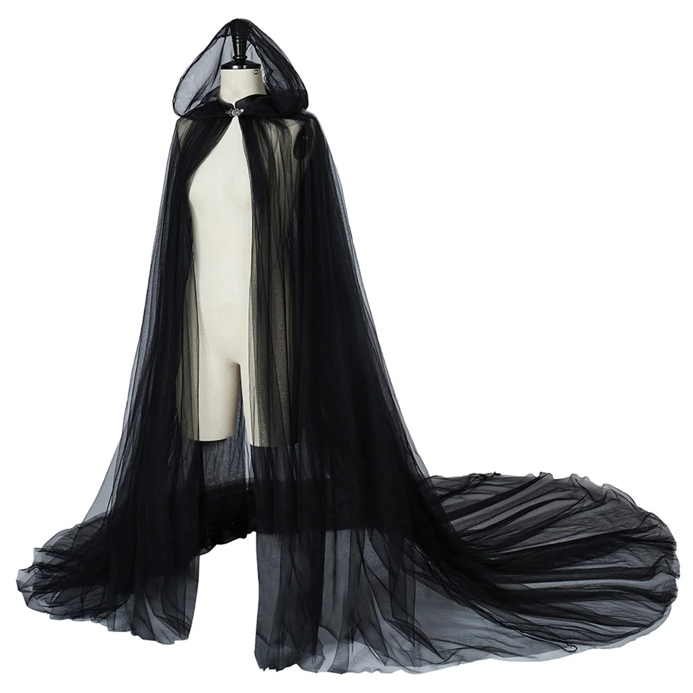 

Retro Black Mesh Hooded Cape Adult Unisex Knight Cloak Wedding Bridal Soft Floor Length Shawl Halloween Carnival Cosplay Outfits