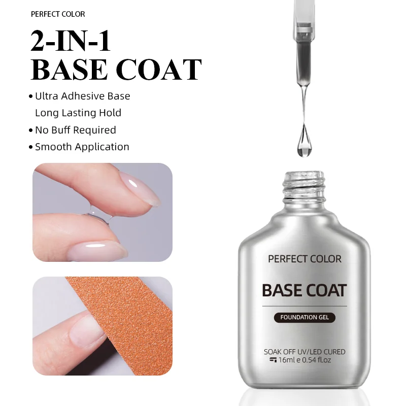 PERFECT COLOR Complete Salon System Nail Gel Kit, Builder Gel Base Top Coat Set, UV LED Cure Soak Off Nail Enhancement Manicure