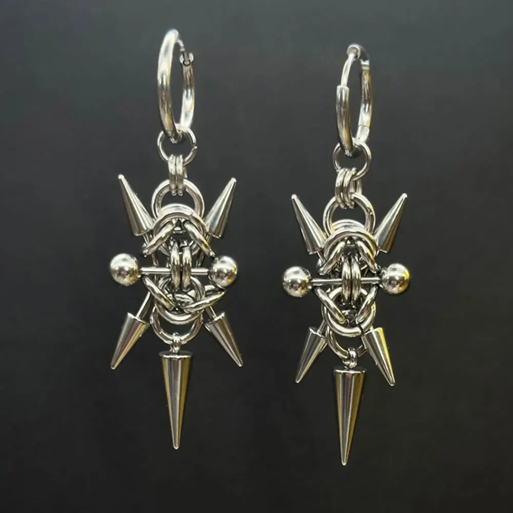 Gothic Stainless Steel Hoops Spike Piercing Long Dangle Earrings Handmade Punk y2k Chainmail Rivet Drop Earrings Rock Jewelry