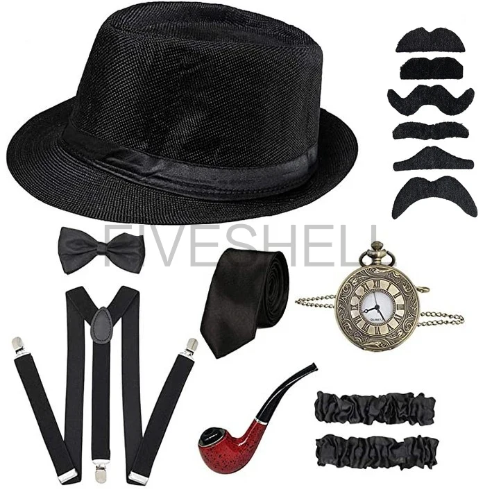 1920s Mens Great Gatsby Party Cosplay Costume Suit Men Gangster Party Props Hat Cigar Suspender Pocket Watch Accessories Set