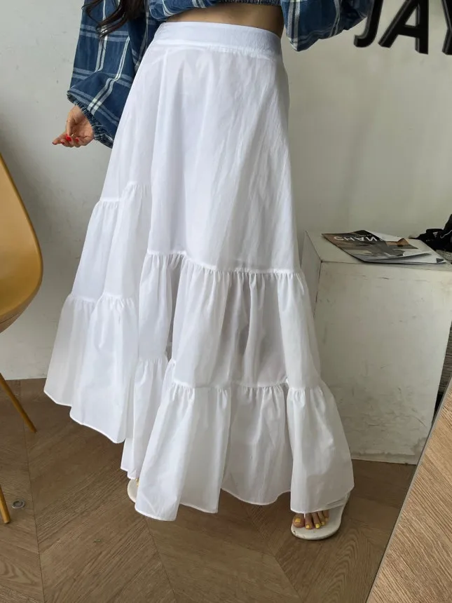 

Весенняя модная женская белая юбка с эластичным поясом, красивая длинная юбка А-силуэта с кружевной отделкой в корейском стиле для повседневной носки