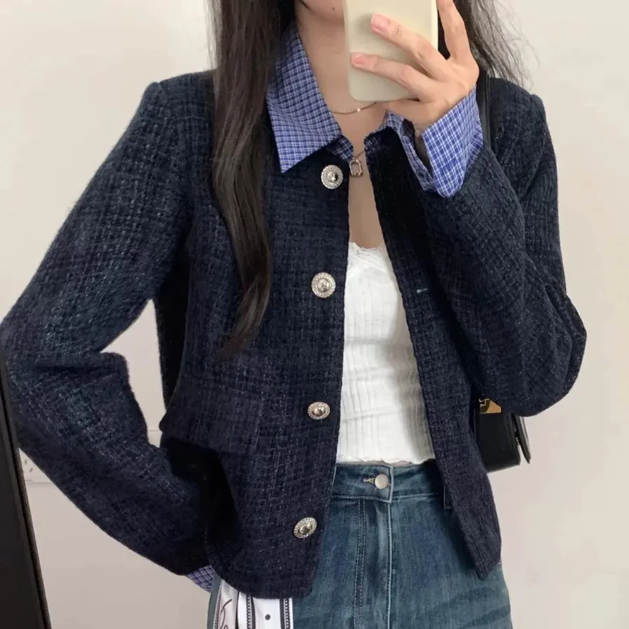 Korean Style Short Quilted Jacket Women's Fashionable Versatile Flip Collar Patchwork Spring New Arrival Polyester Fiber
