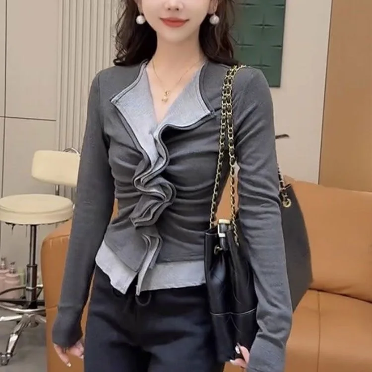 

Женская теплая вельветовая футболка с V-образным вырезом Pure Desire Design, осенне-зимняя новинка, имитация двухслойности, приталенная, с длинным рукавом