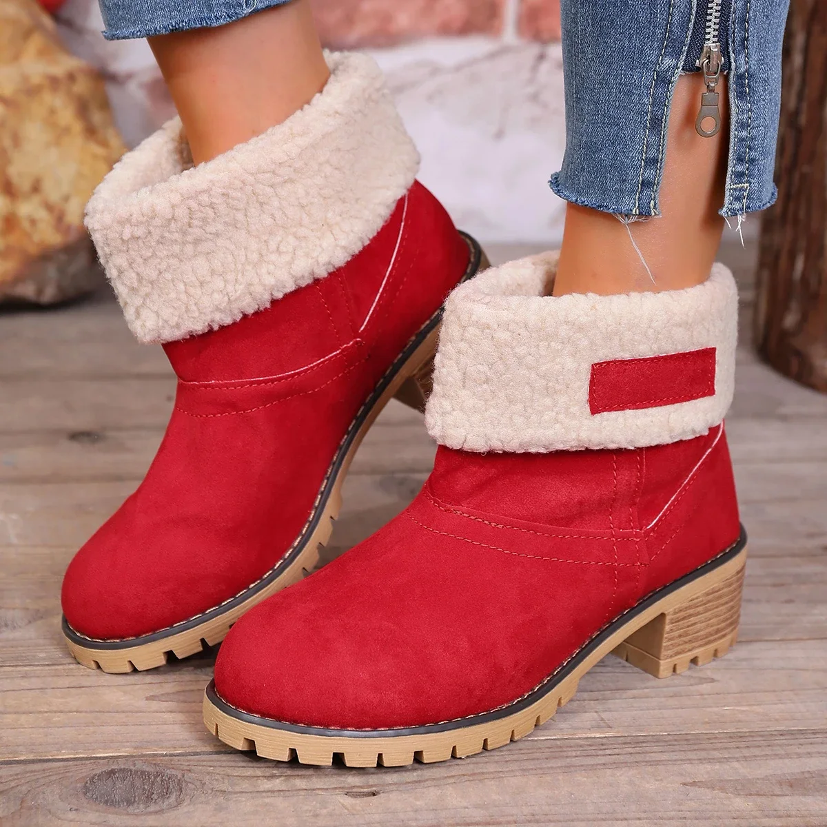 2025 New Women Lined Snow Boots Trend Mid Heel Winter Warm Ankle Boots Casual Style Fur Booties Large Size Round Toe Shoes Women