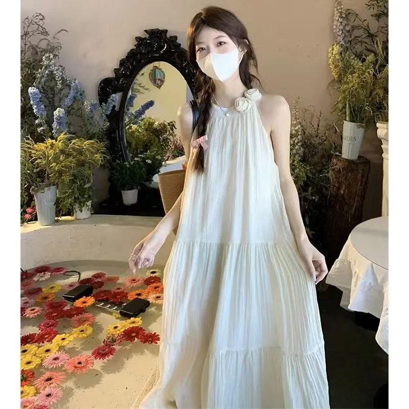 Robes femmes robe col en V été Modal smockage Applique cordon régulier station de sable vacances romantiques doux artistique quotidien