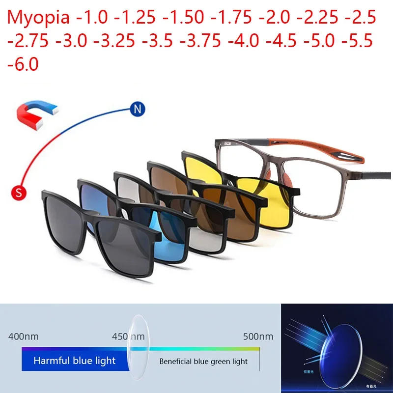 

Комплект солнцезащитных очков для близорукости с защитой от синего света, зеркальный магнитный зажим, черные поляризационные зажимы Tr90, рецепт ног от -1,0 до -6,0