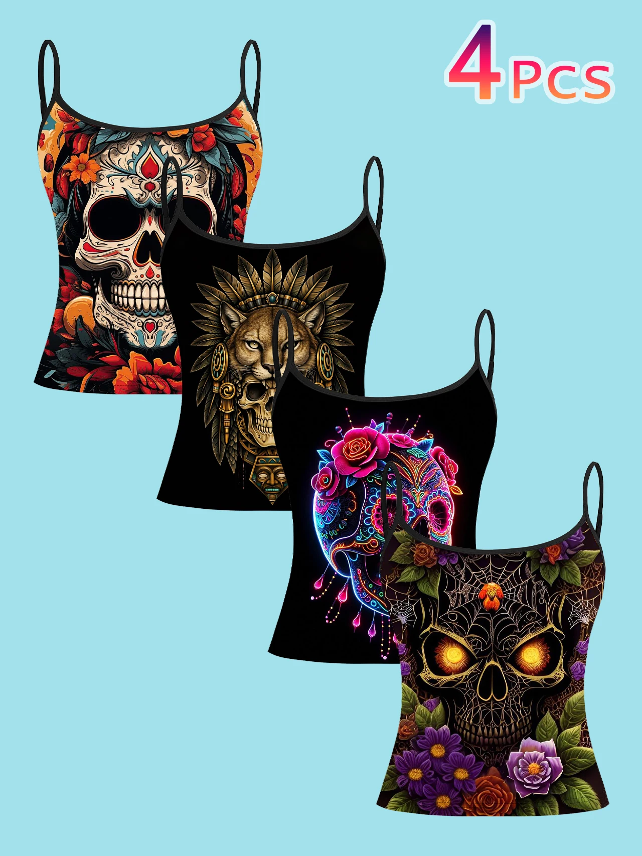 4-Piece Set of Day of the Dead Colorful Skull Floral Print Camisoles for Women, Exotic Totem Thin Strap Slim-Fit Halloween Undershirt