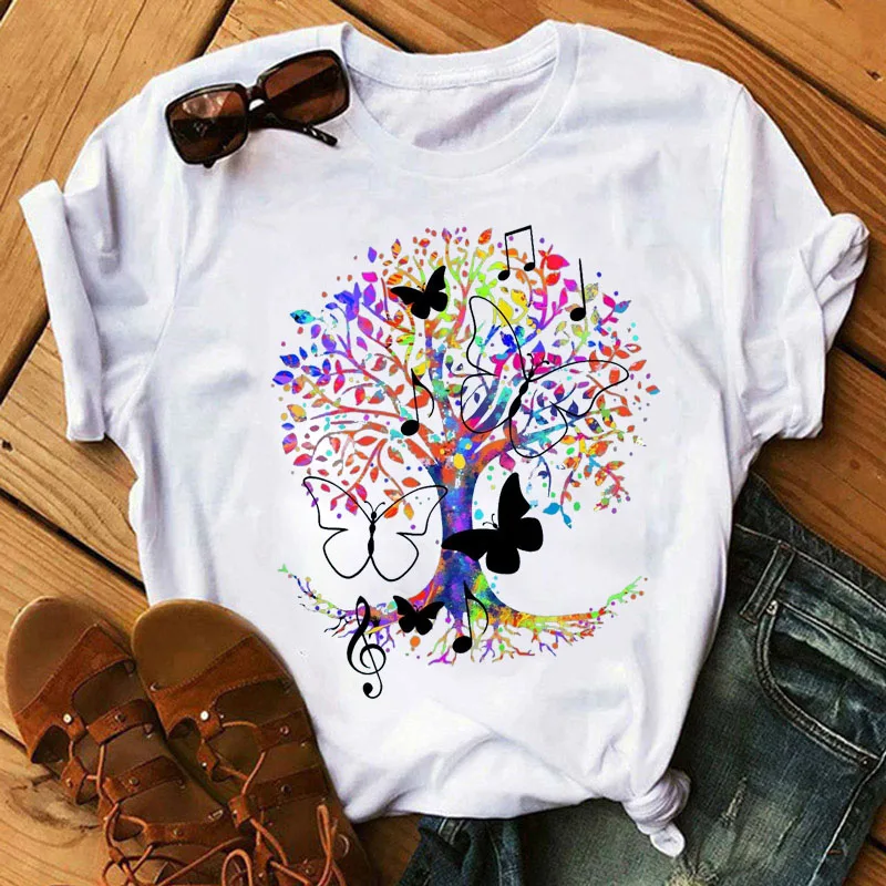 Butterfly and Star Printed T Shirt Fashion Women T-shirt Female Casual Short Sleeve Tops Lady Girls Summer Tee Shirts Streetwear