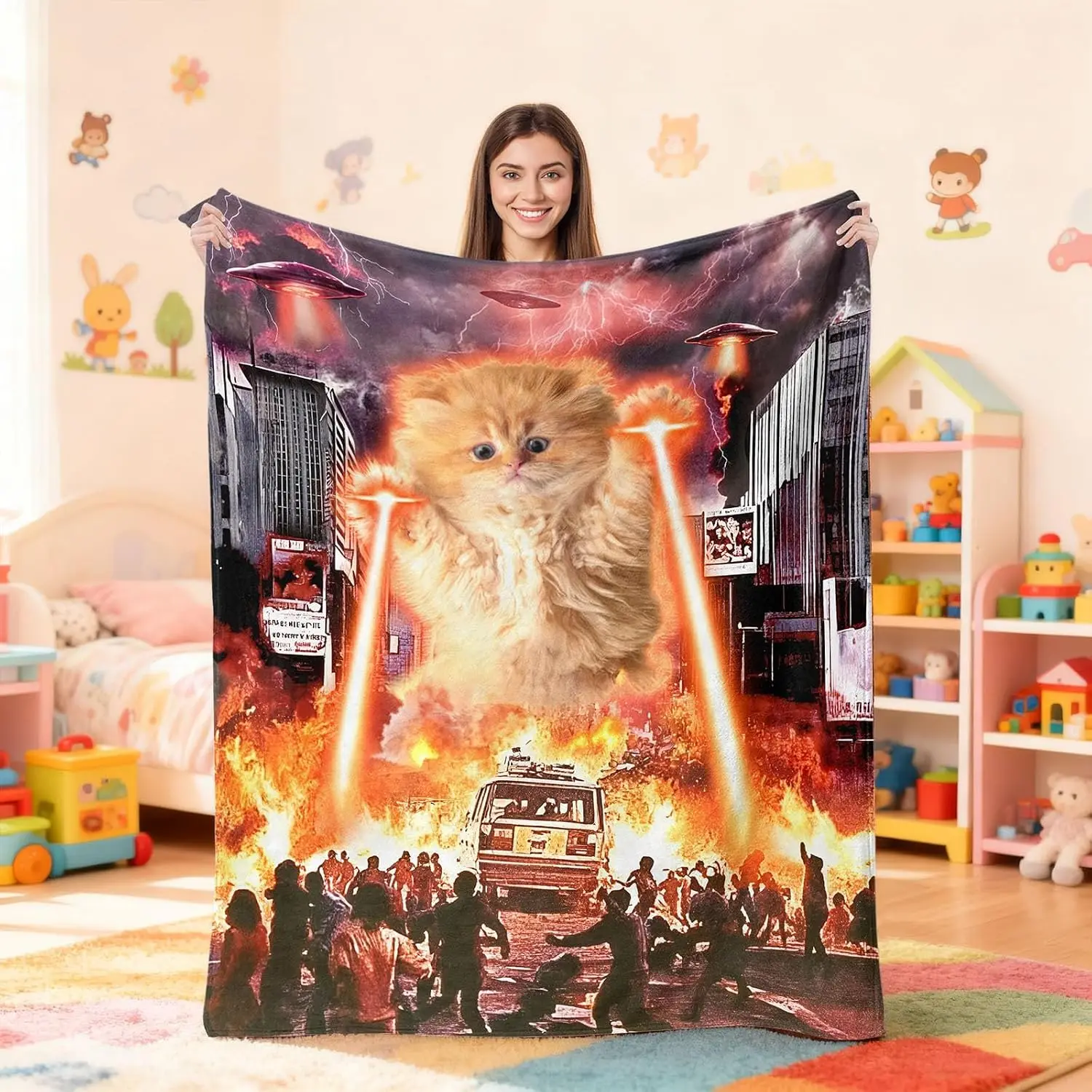 Giant Orange Cat Laser UFO City Flannel Throw Blanket Soft Warm Cover For Sofa Bedroom Dorm Funny Decor Kitten Pattern Gift