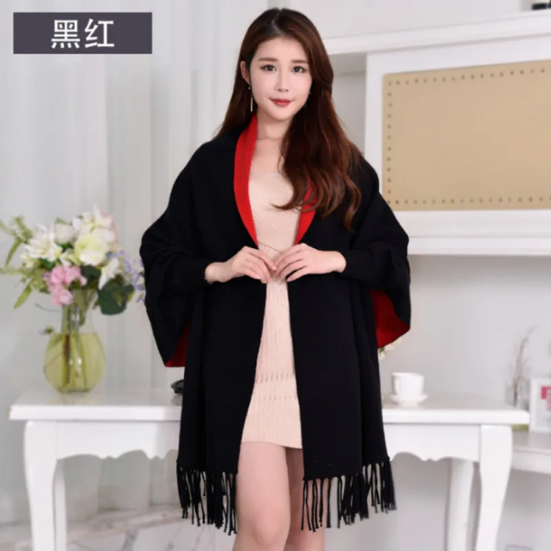 #4005 Batwing Sleeved Knitted Cape Coat Women Solid Color Casual Ponchos And Capes Female Loose Shawl Scarf For Women Cardigan