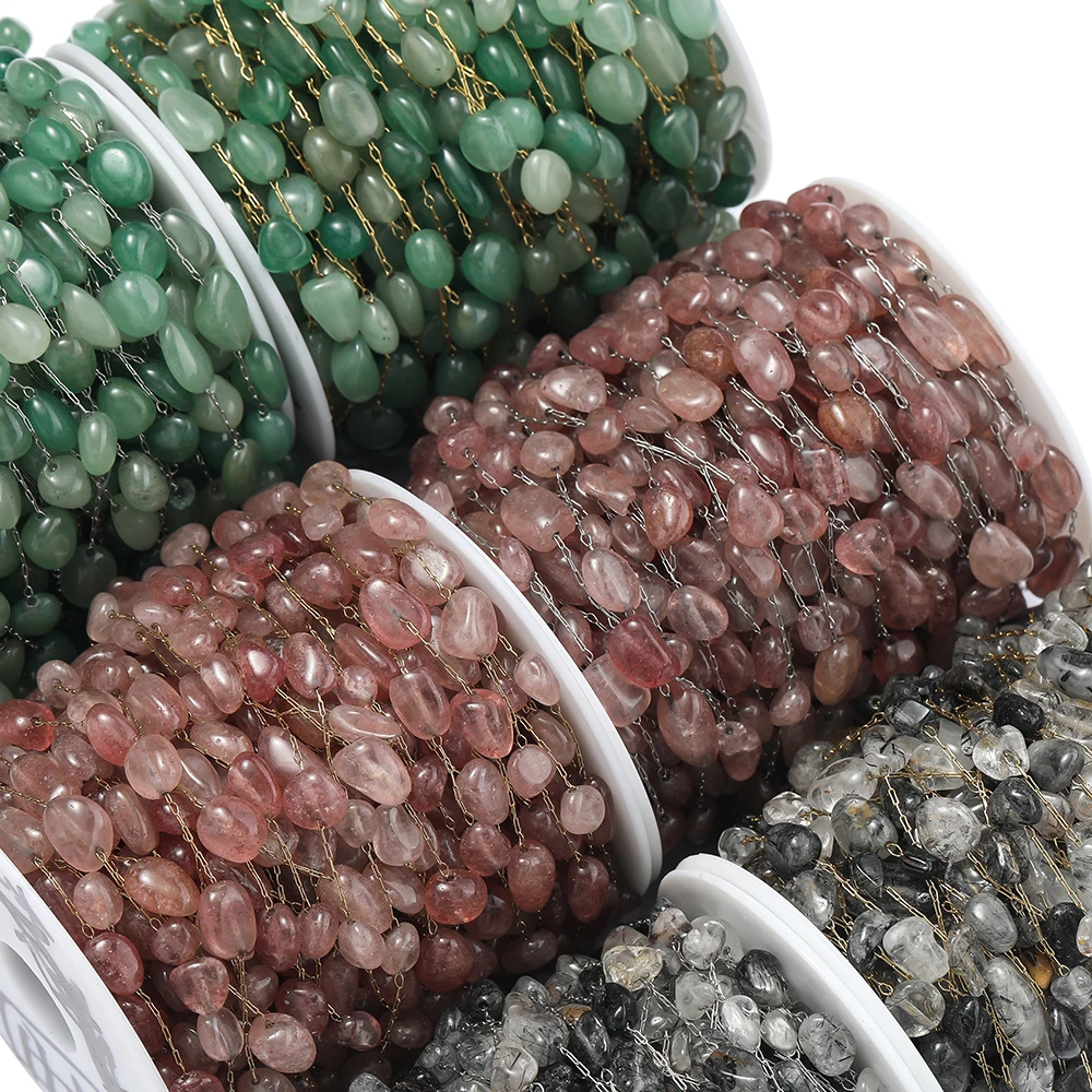 1M Gold/Steel Color Size 4‑14mm Stainless Steel Oval Natural Stone Bead Chain For DIY Handmade Jewelry Making Accessories