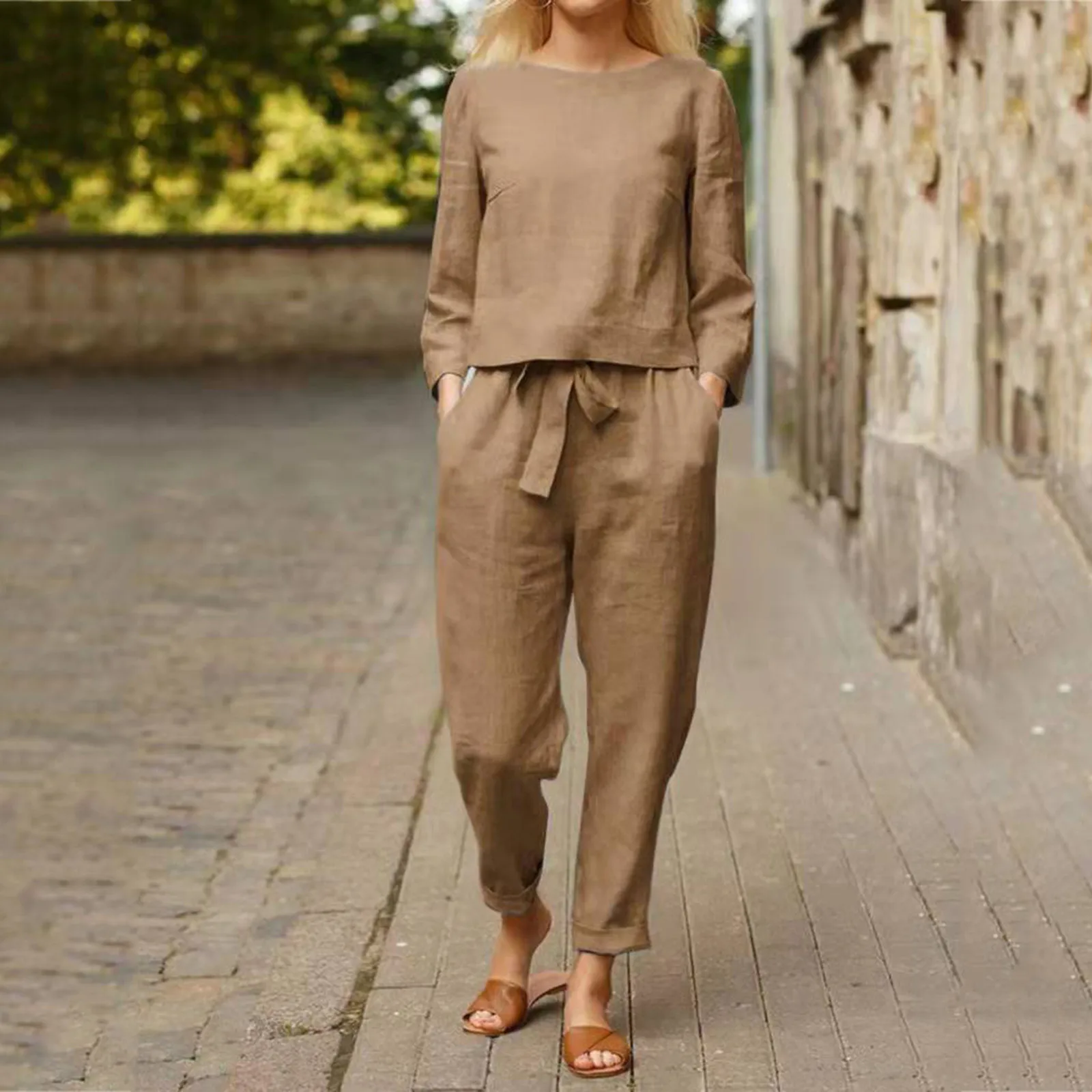 Women\'s Comfortable Loose Cotton Linen Suit Casual Vintage Solid Color Top And Drawstring Wide Leg Long Pants Two Piece Set