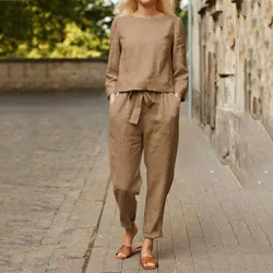 Women's Comfortable Loose Cotton Linen Suit Casual Vintage Solid Color Top And Drawstring Wide Leg Long Pants Two Piece Set