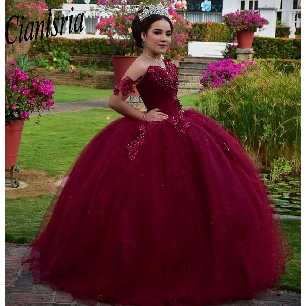 Vestido de quinceañera con hombros descubiertos, traje de baile de cumpleaños, con cordones, brillante, color burdeos, 15 y 16