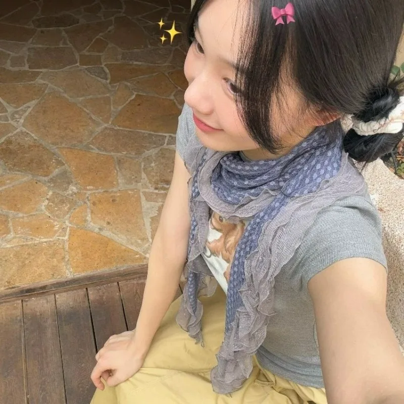 Fashion Design Ins Style Imitation Silk Decorate Scarf Women Chic Gray-blue Polka Dot Long Lace Warp Female Gift