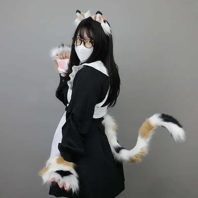 New Hand Made Cat Ears Cosplay Costume Set Plush Cat Tail Ear Paws Gloves Kit for Anime Accessories Headwear Neko Fantasy Set