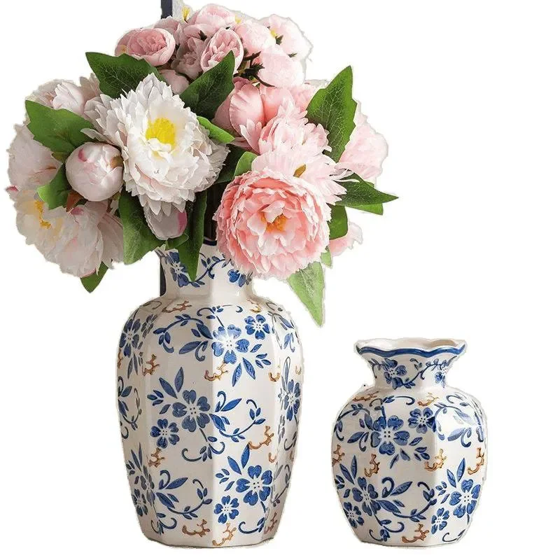 Retro Blue White Porcelain Vase Ceramic Flower Arrangement Hydroponic Decor for Living Room Entryway Home Ornament