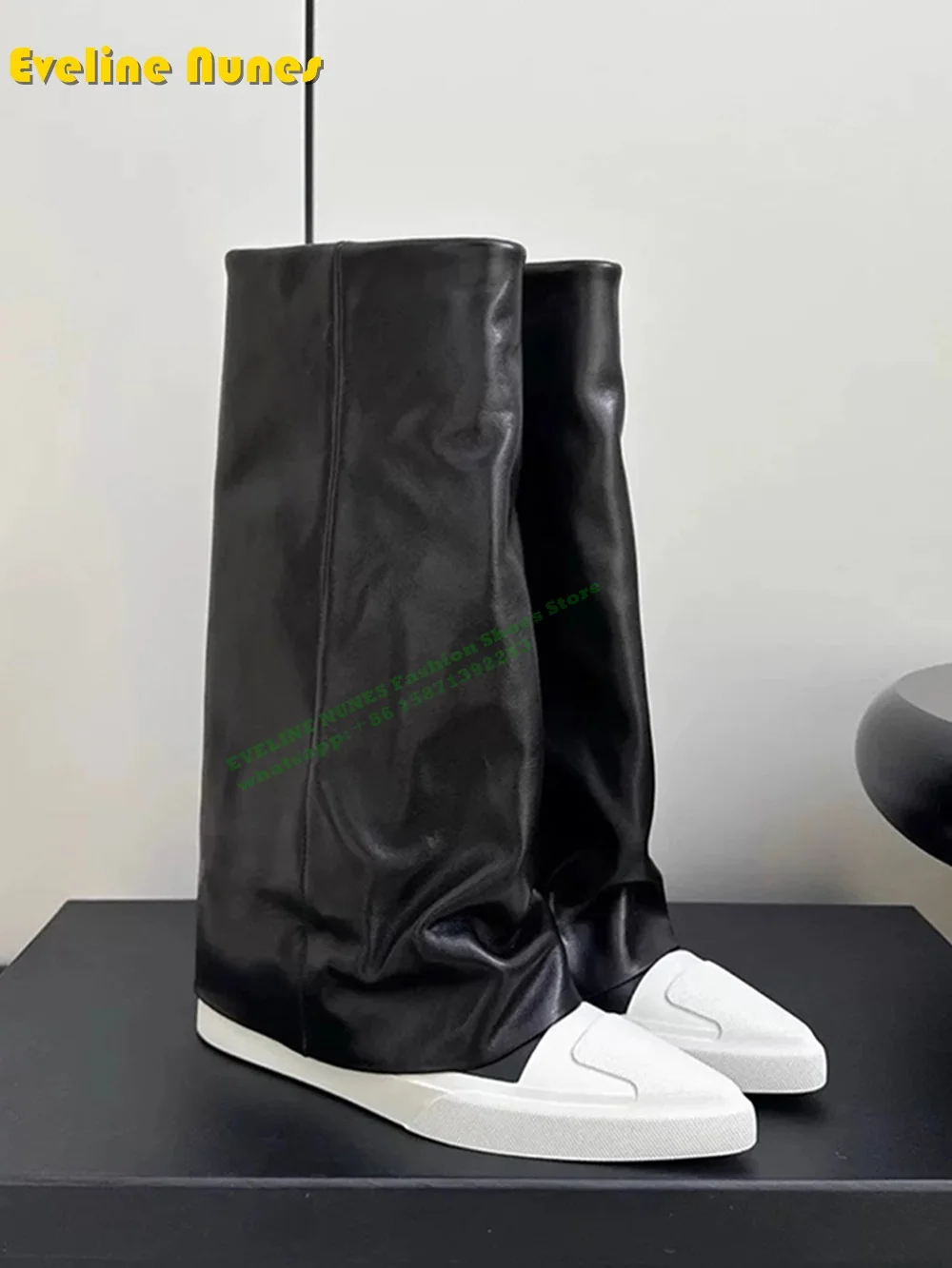 

Pointed Toe Flat with Casual Sleeve Boots Fold Down Black and White Color Matching Patchwork Modern Boots 2024 Winter New Style