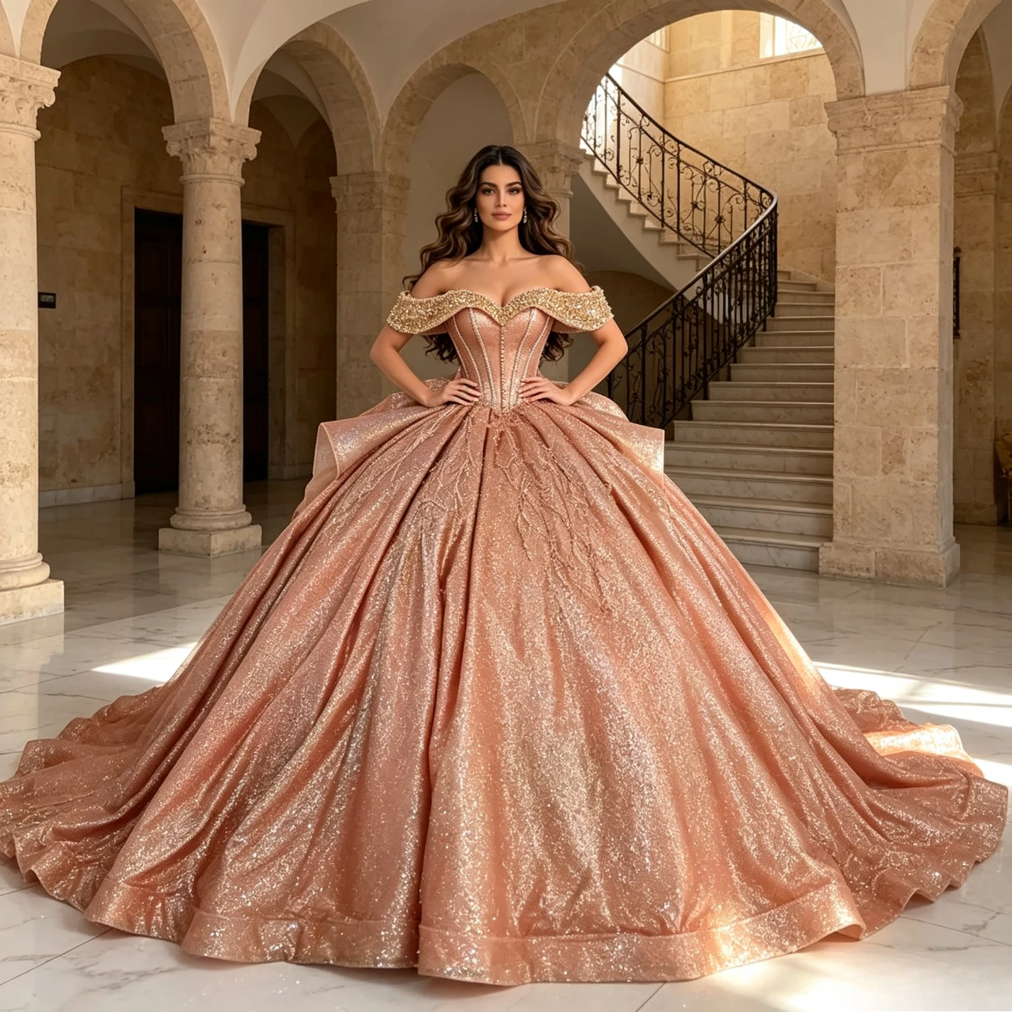 Customized Off‑Shoulder Rhinestone Glitter Quinceanera Gown Oversized Bow Floor‑Length Ball Dress for Sweet 15 Birthday Gala