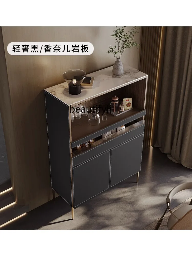 Italian-Style Saddle Leather Sideboard Cabinet Small Apartment Home Wall Wine Cabinet Home Locker Stone Plate Tea Cabinet