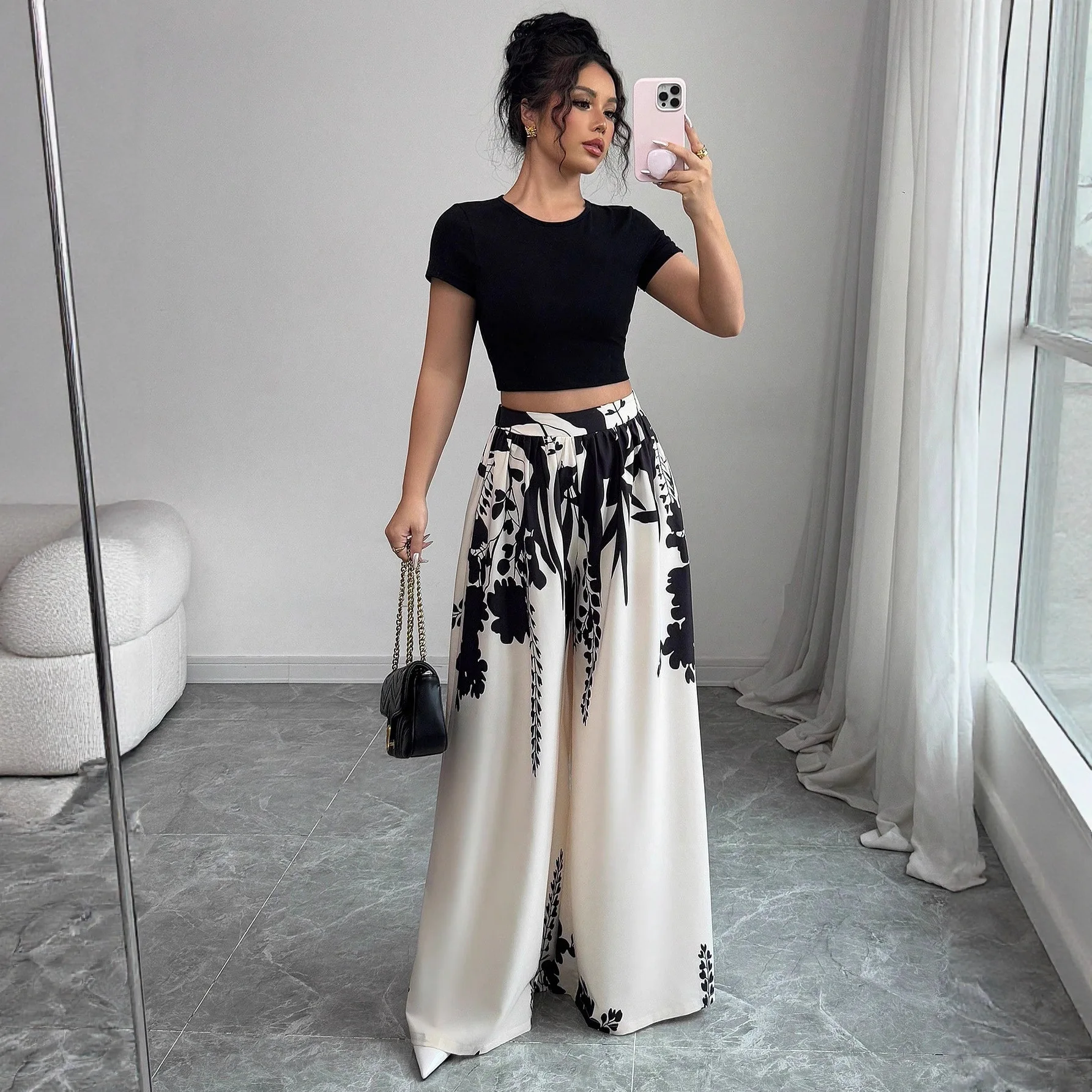 New Summer Fall Boho Women's Ink Print Mid-waist Wide-leg Straight-leg Pants Slim-fitting Pants For Women Casual Beach Vacation