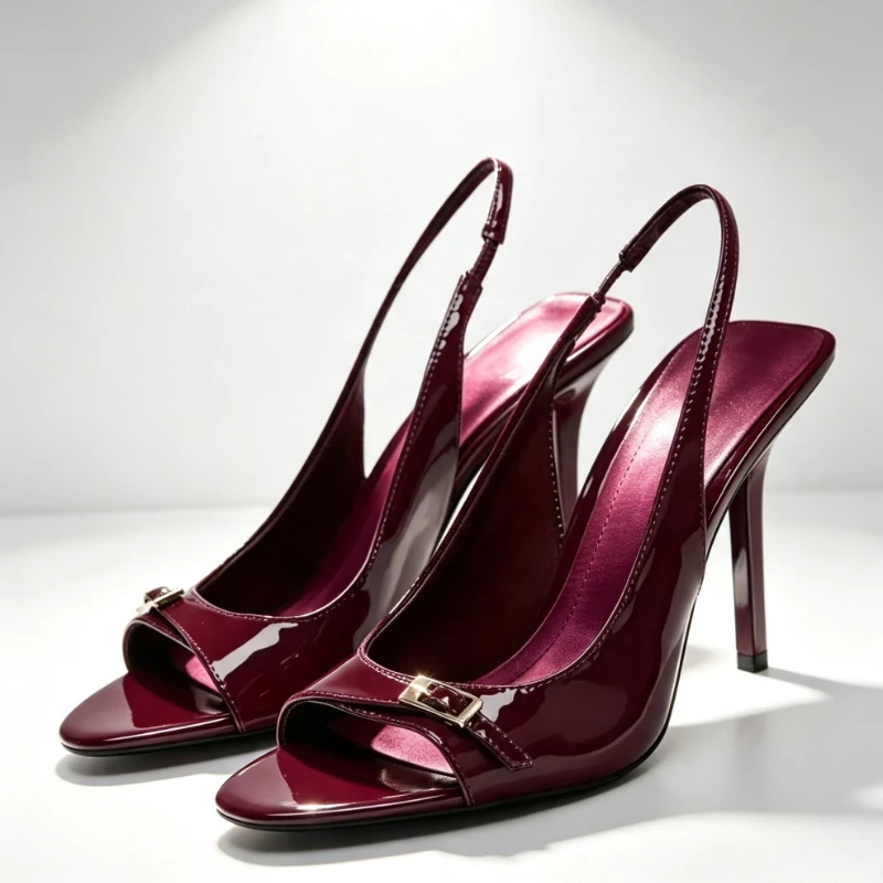 Luxury Red Patent Leather High Heels Women Metal Buckle Design Sexy Open Toe Backless Designer Sandal for Ladies Sandalias Mujer