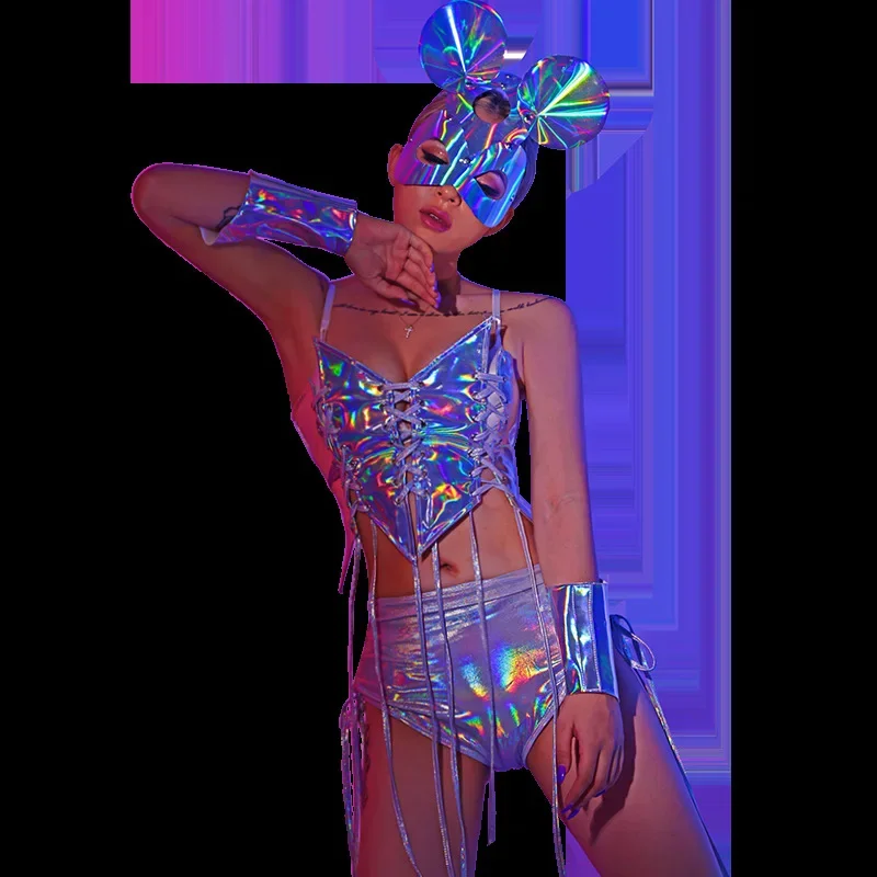 Women's Laser Silver Gogo Dancer Costume Mouse Cosplay Rave Outfit Halloween Party Show Top Shorts Headwear Sleeve Set Nightclub