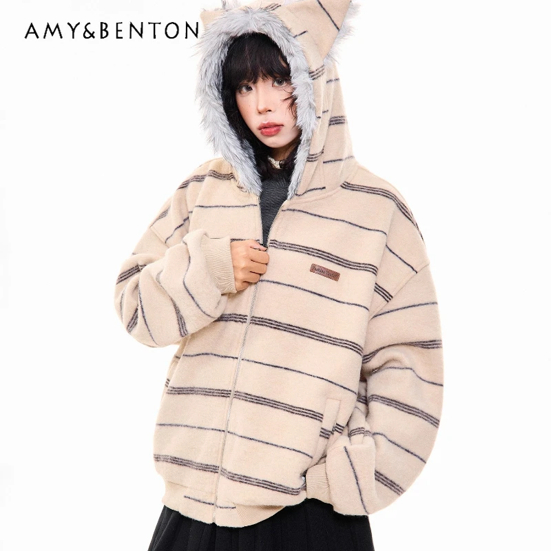 الأمريكية الرجعية تصميم فروي الأذن مقنعين الصوف المرأة البلوز 2025 الخريف الشتاء جديد فضفاض Y2k تنوعا الدافئة جاكيتات السيدات