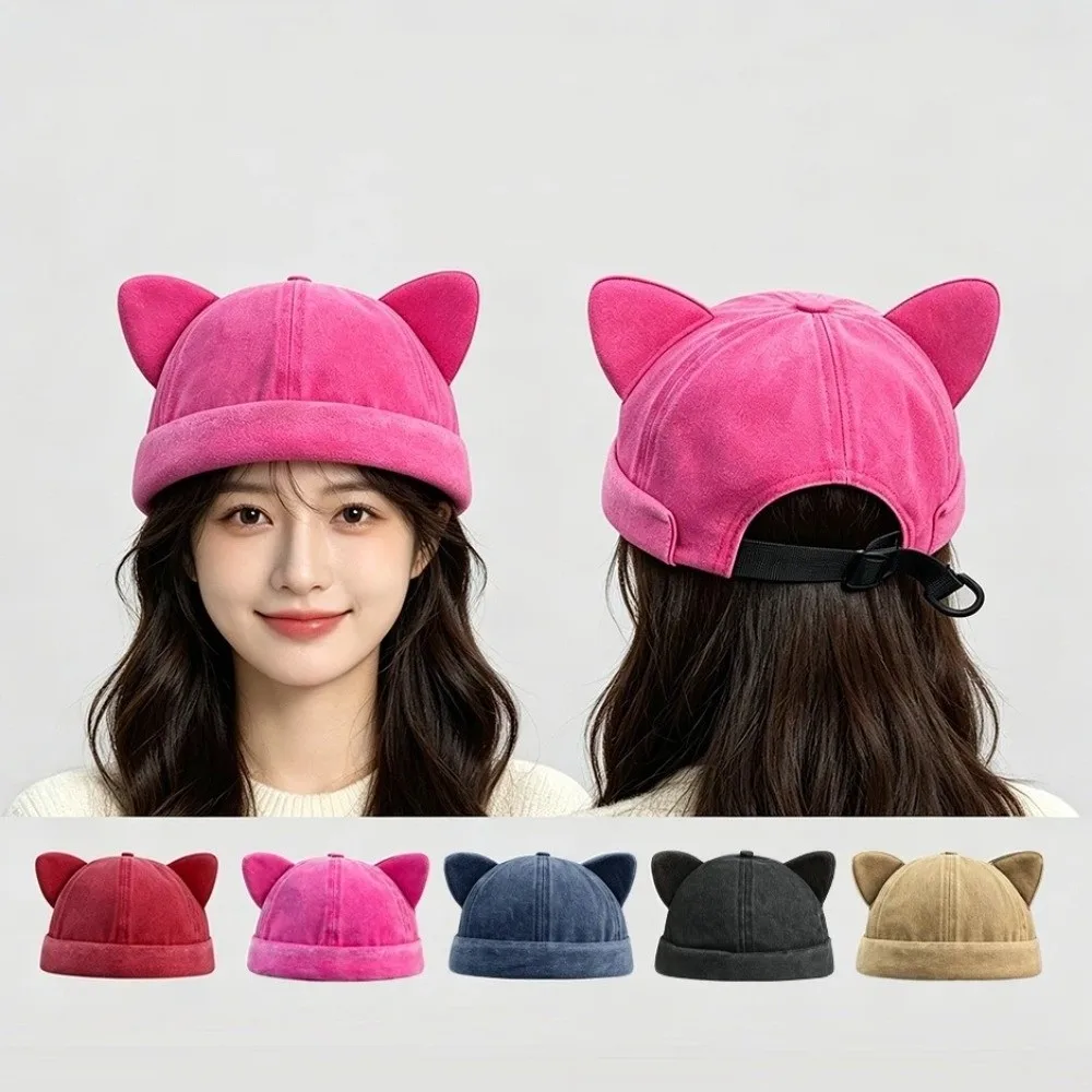 Fashion Adjustable Cat Ears Landlord Hat Breathable Solid Color Brimless Hat Unisex Washed Old Beanie Hat Women