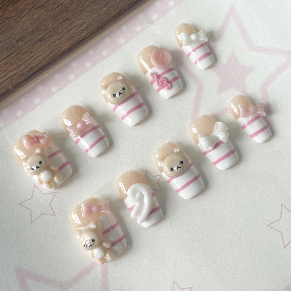 Cartoon 3D Bärenschwester mit Flügeln Press-On-Nägel Nude Farbe Rosa Weiße Streifen DIY Handgemachte Maniküre Party Nagelsticker – Detail 6