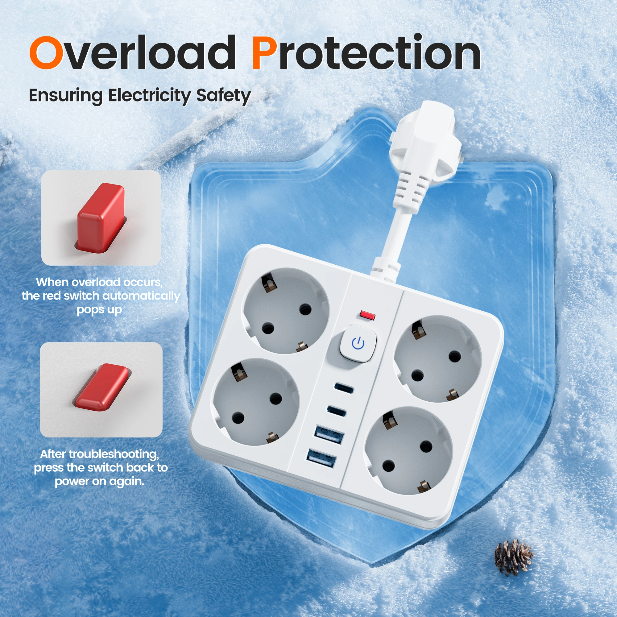 واقي عرام قطاع الطاقة 8 في 1: 4 منافذ تيار متردد ومنافذ USB و2 USB-C لشريط الطاقة الأساسية للمكتب المنزلي مع منافذ USB،