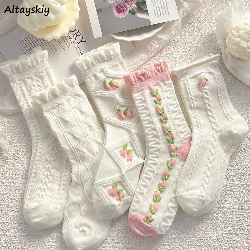 

Middle Tube Socks Women Flower Kawaii Mujer Japan Style Casual Romantic Girlish Tender Young All-match Ins Chic Home Soft New