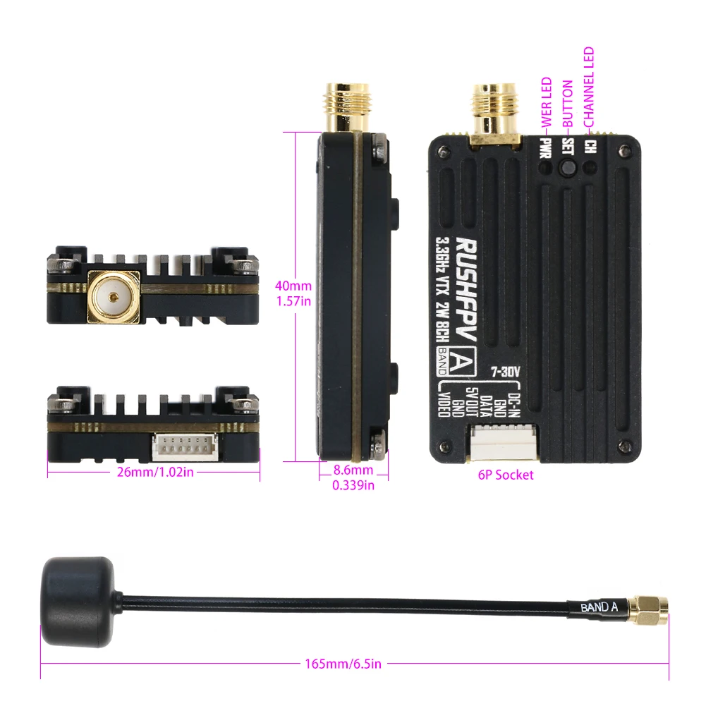 RUSH 3.3G 2W 고출력 8CH VTX 비디오 송신기(CNC 쉘 + RC FPV 장거리 고정익 드론용 안테나 키트 포함) DIY