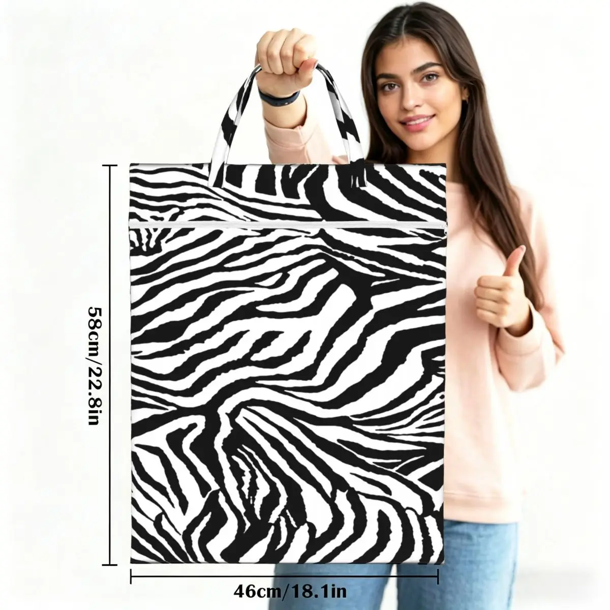 Zebra Print Travel Laundry Bag Waterproof Reusable Dirty Clothes Pouch Gym Yoga Vacation Washing Basket