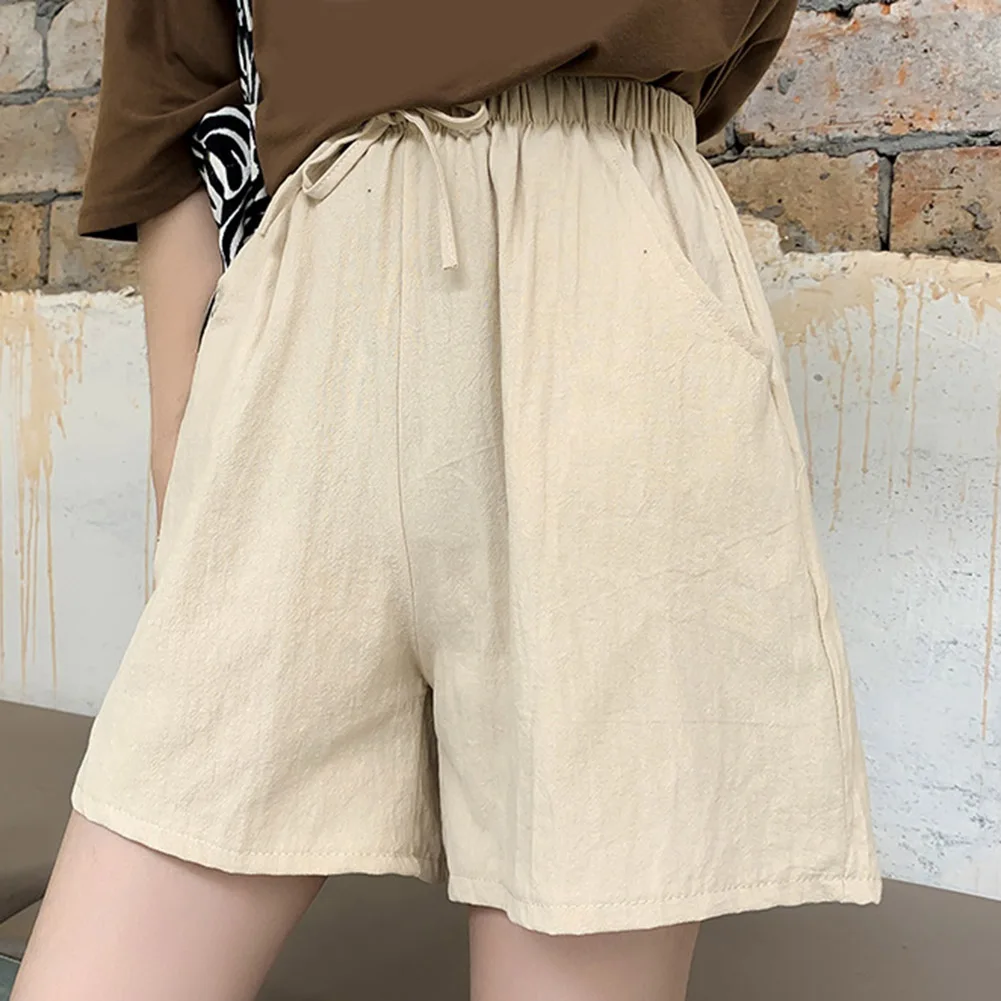 

Женские однотонные повседневные шорты с широкими штанинами, свободного кроя, из хлопково-льняной смеси, удобные, с эластичной талией, подходят для дома