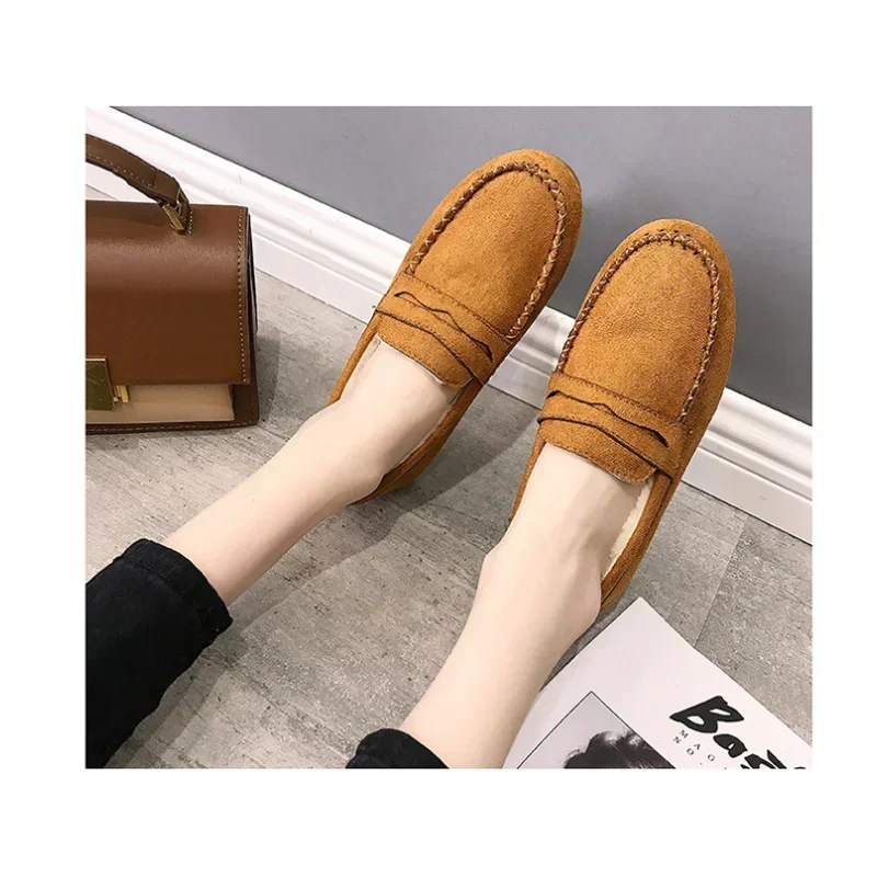 2024 Winter Women Shoes Comfortable Flats Loafers Short Flock Sewing Casual Ladies Non-Slip Bottom Warm Women Oxford Loafers