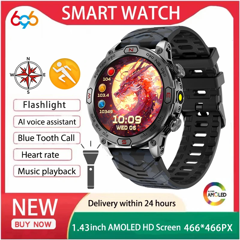 AMOLED Screen Blue Tooth Call Smart Watches Waterproof  450mAh Sports Smartwatch Men Compass Altitude Barometer LED Flashlight