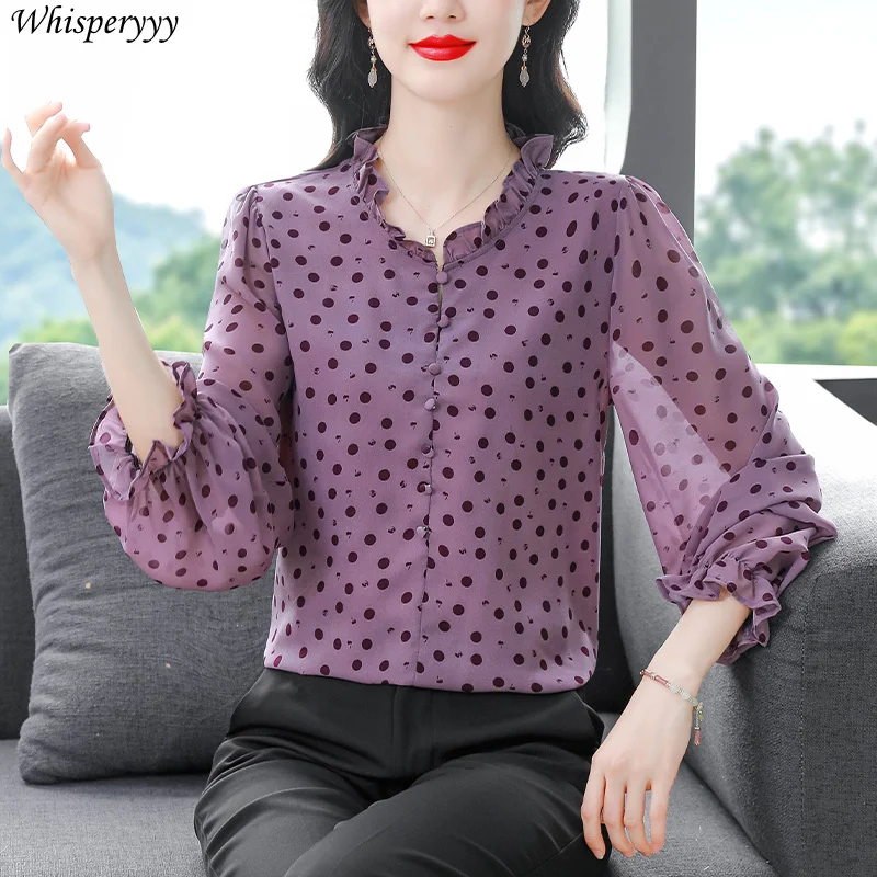 Chiffon Shirt Women's Polka Dot Tops Spring Summer Fashion Printing Round Neck Loose Camisas De Mujer Flare Sleeve Blouse