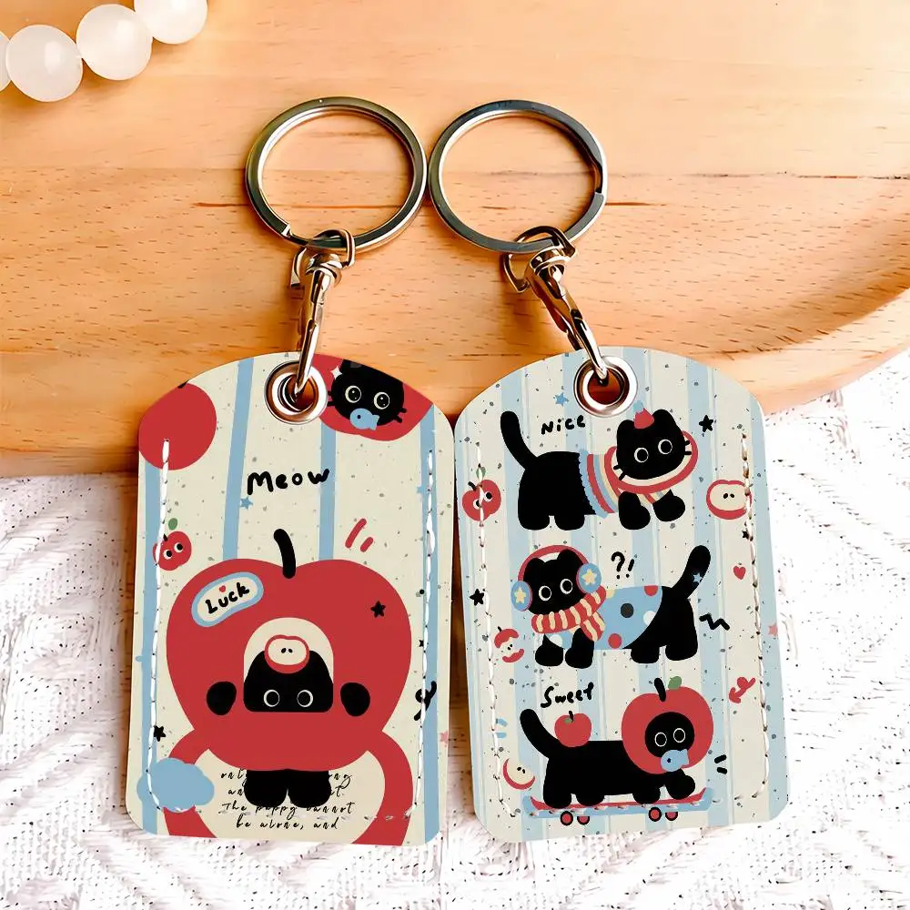Cartoon Black Cat Cute Card Holder With Keychain Executive Protection For Bank Credit Subway Bus Case