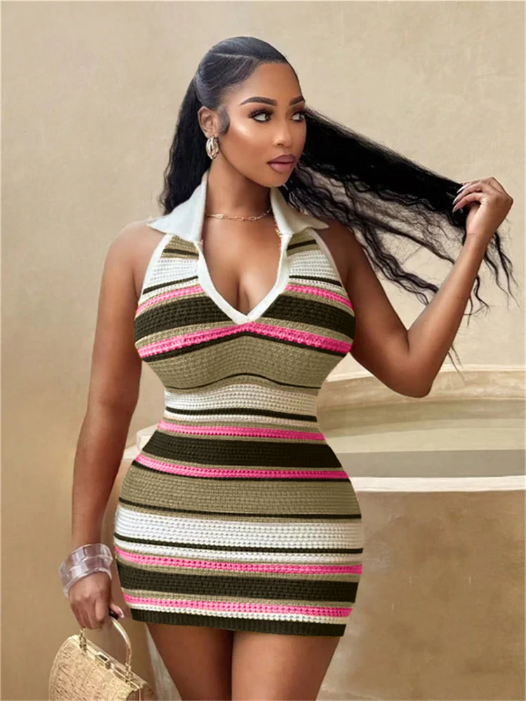 Weird Puss Crochet Stripe Patchwork Dress Women Halter Polo-Neck Backless Sleeveless Skinny Peach Hip Sexy Fashion Mini Bodycon