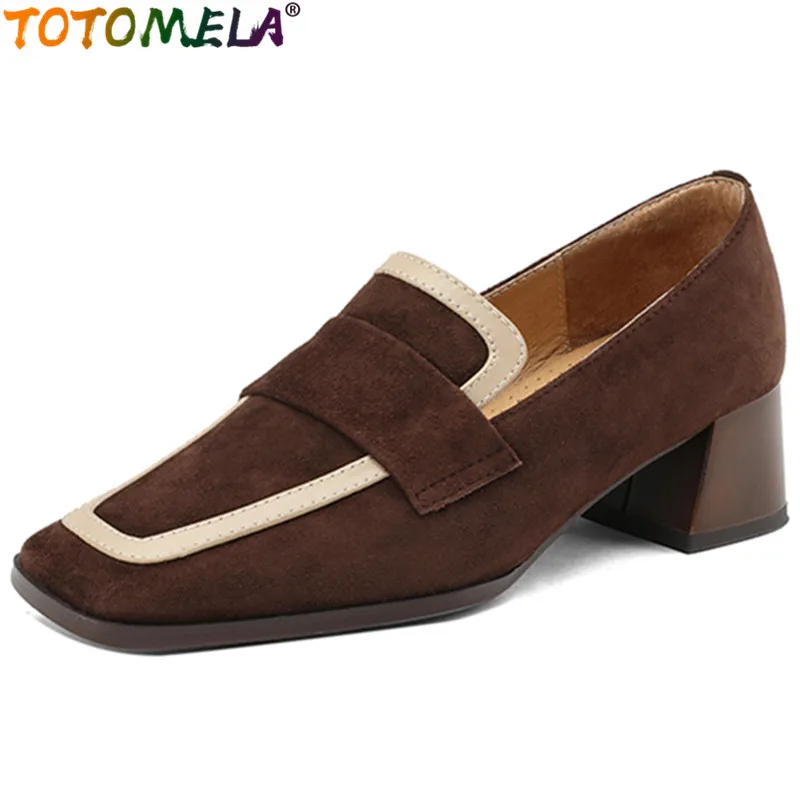 

TOTOMELA 2024 New Size 33-41 Loafers Kid Suede Shoes Woman Mixed Colors Square Med Heels Shoes Ladies Vintage Dress Pumps