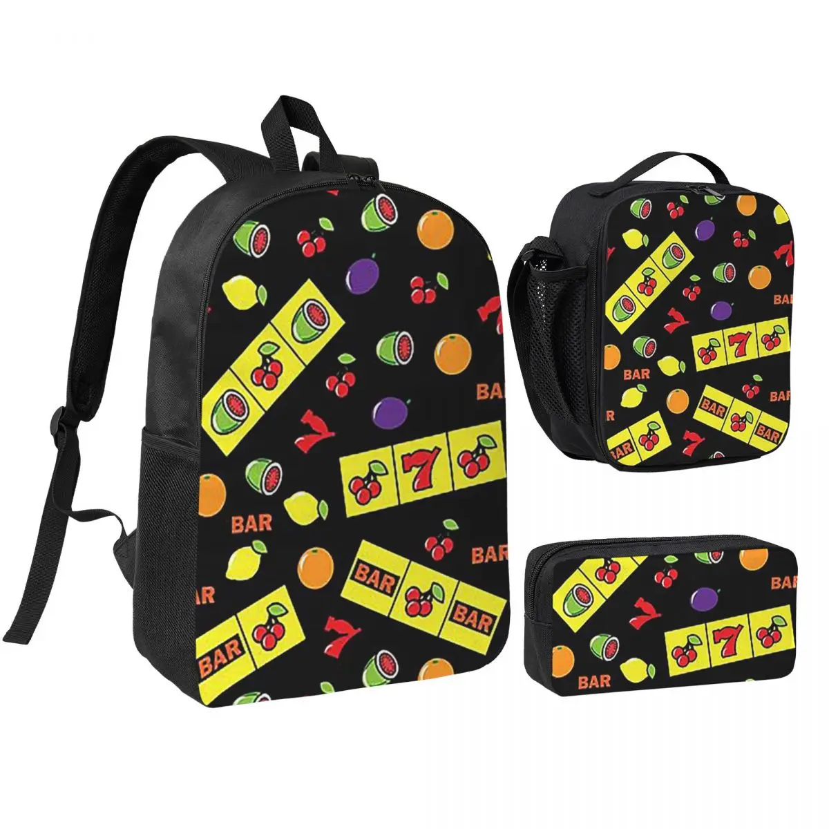 Casino Lucky Slots Cherry Melon Lemon Fruit Backpack BookBag School Bag Shoulder Bags 3ps Insulated Lunch Bag Pencil Case