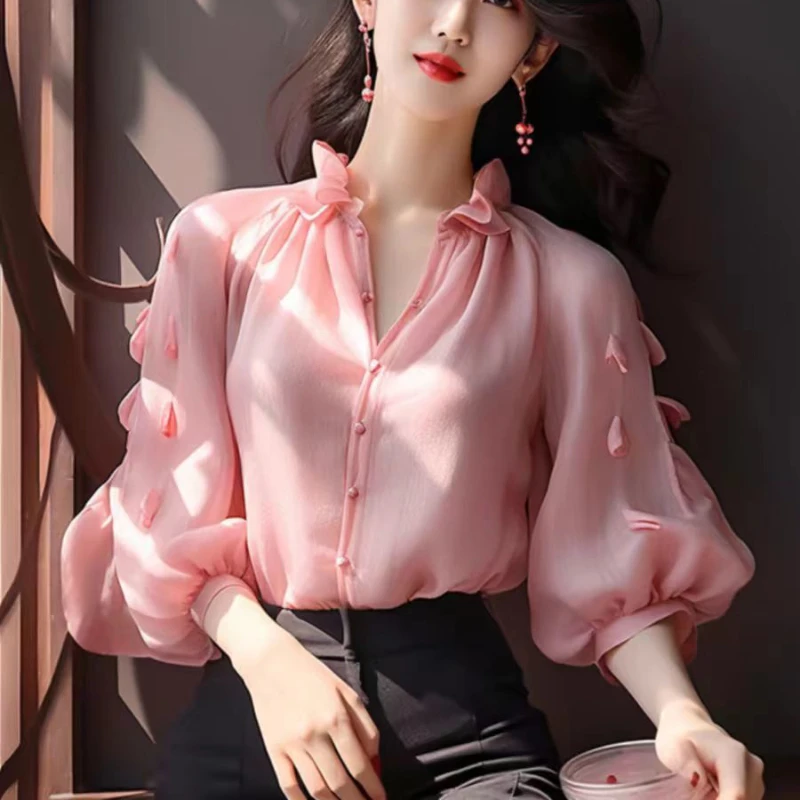 

Pink Summer Design Blouses Ruffles Contrast Color Sweets Bow Puff Sleeve French Sweet Shirts Casual Loose 2024 Women's Clothing