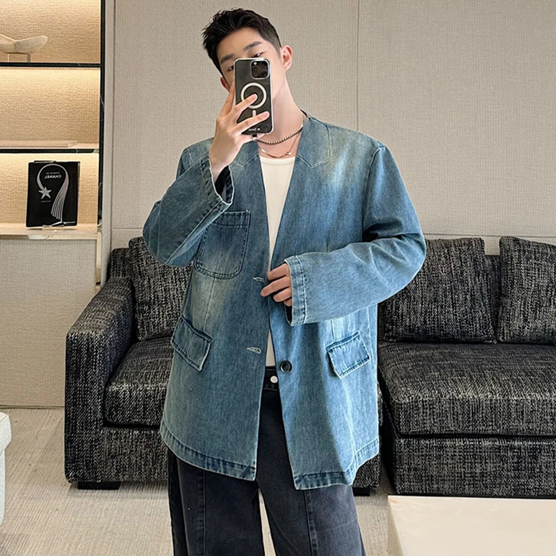 LUZHEN 2024 Autumn Versatile Loose Elegant Washed Casual Denim Blazer Coat Men\'s High Street Fashion Original Jacket New LZ1222