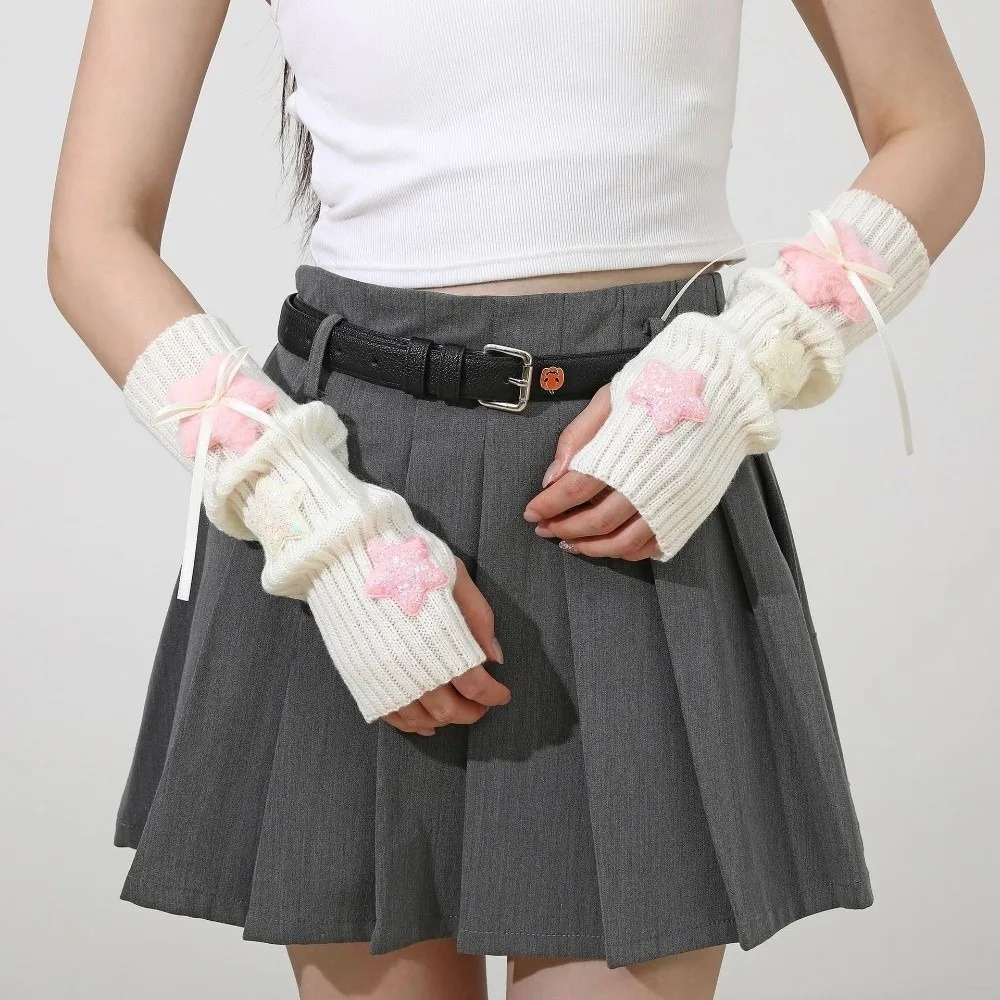Sequin Star Decorated Fingerless Arm Covers Ribbon Bow Decor Long Cuff Half Finger Gloves Plush Windproof Warm Typing Gloves