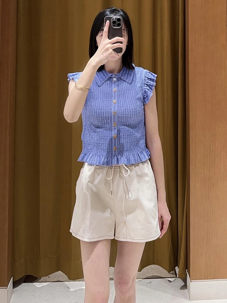 

Ele Summer irt Women's Faion Doll Collar Lace Trim Blouse Commute Sle Polyester Fiber ort Sve Striped Pattern