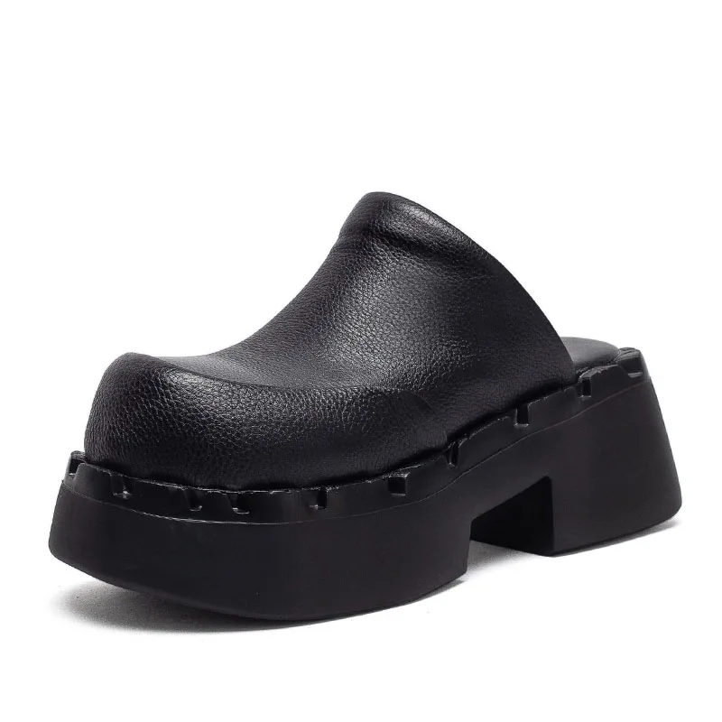 DRKANOL Retro Style Women High Heel Slippers Handmade Genuine Cow Leather Big Toe 7cm Thick Heel Slip On Chunky Platform Slides