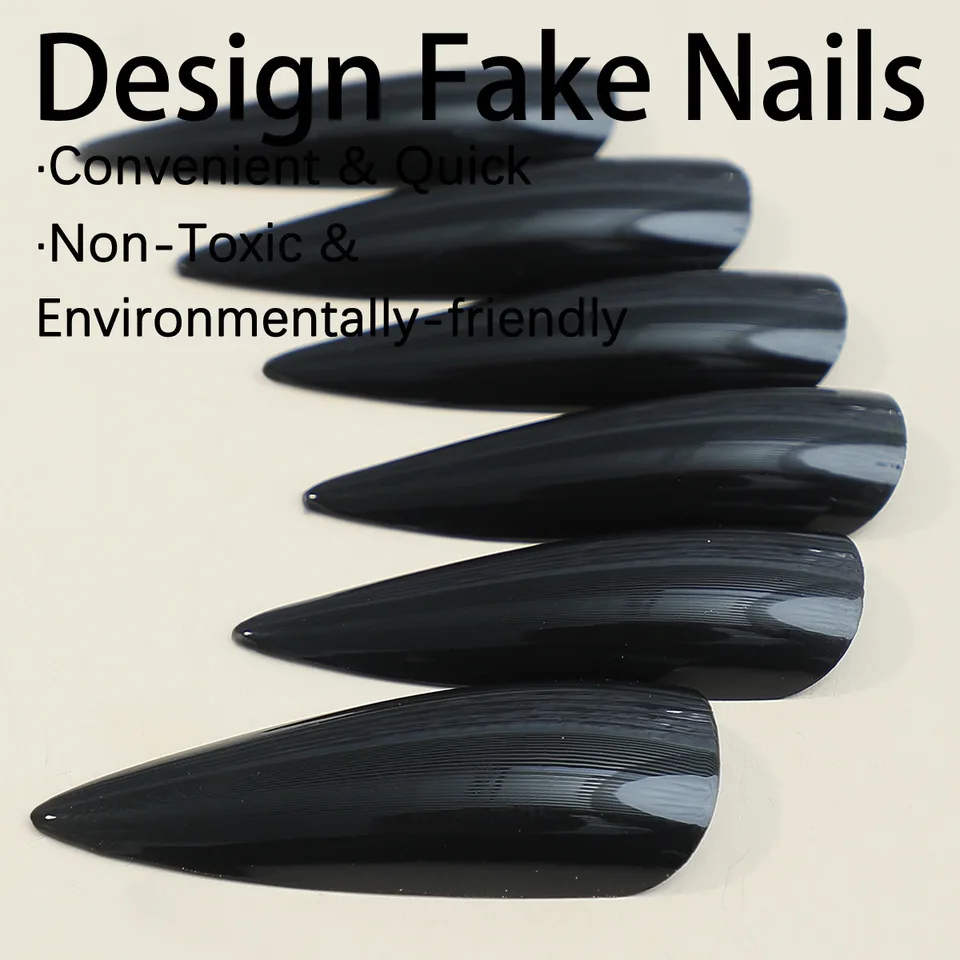 Transforma tus uñas con 24 piezas de uñas postizas extra largas en forma de estilete, estilo francés moderno y clásico, color negro sólido, cobertura completa 2
