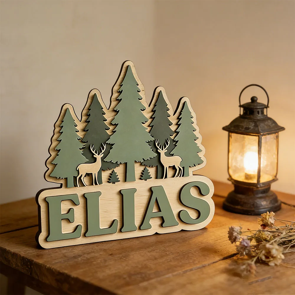 Custom Forest Elk Pine Tree Name Door Sign for Kids Bedroom Personalized Nordic Mountain Themed Wooden Nursery Plaque